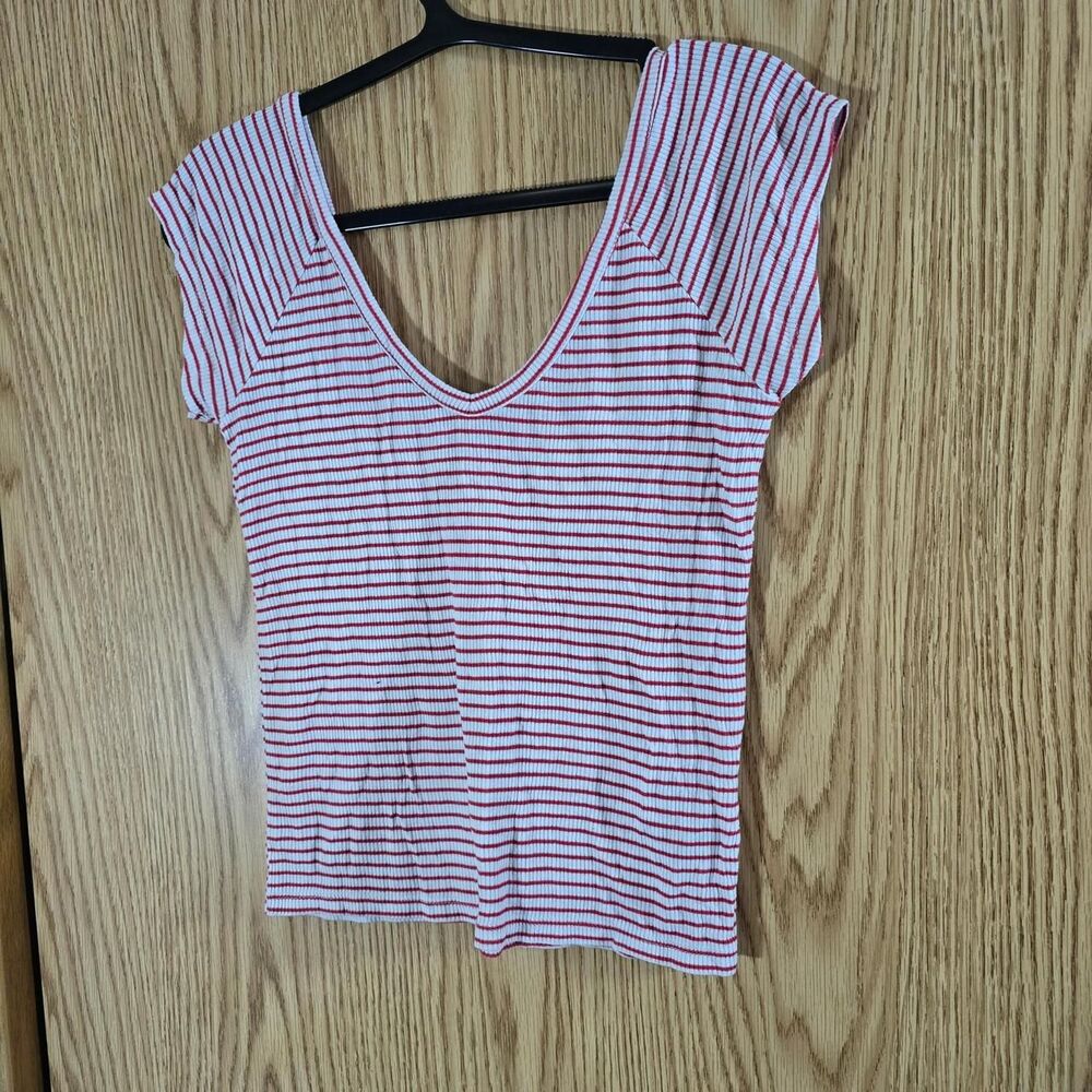 Cotton On Womens Large Red White Striped Scoop Neck Cap Sleeve Tee